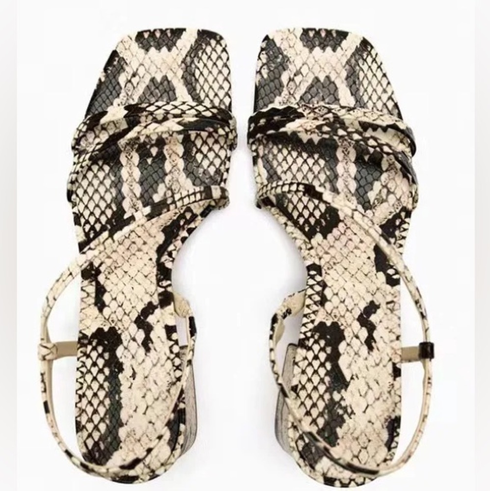 EUC Zara Faux Leather Snake Print
Square Toe Block Heel Sandal